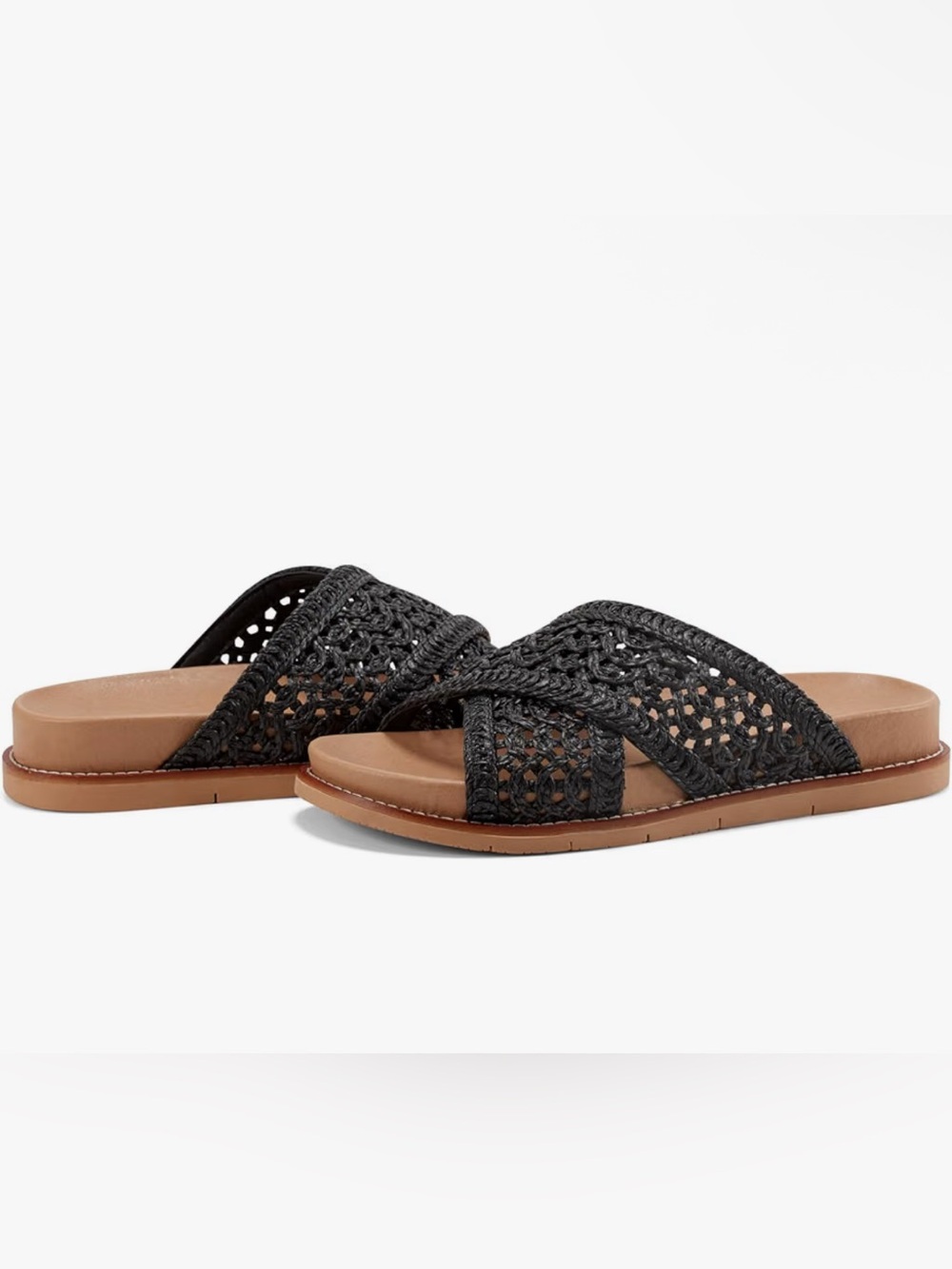 Earth Flurry 2 Slide Sandals In Black Woven Raffia Flat Sandals New